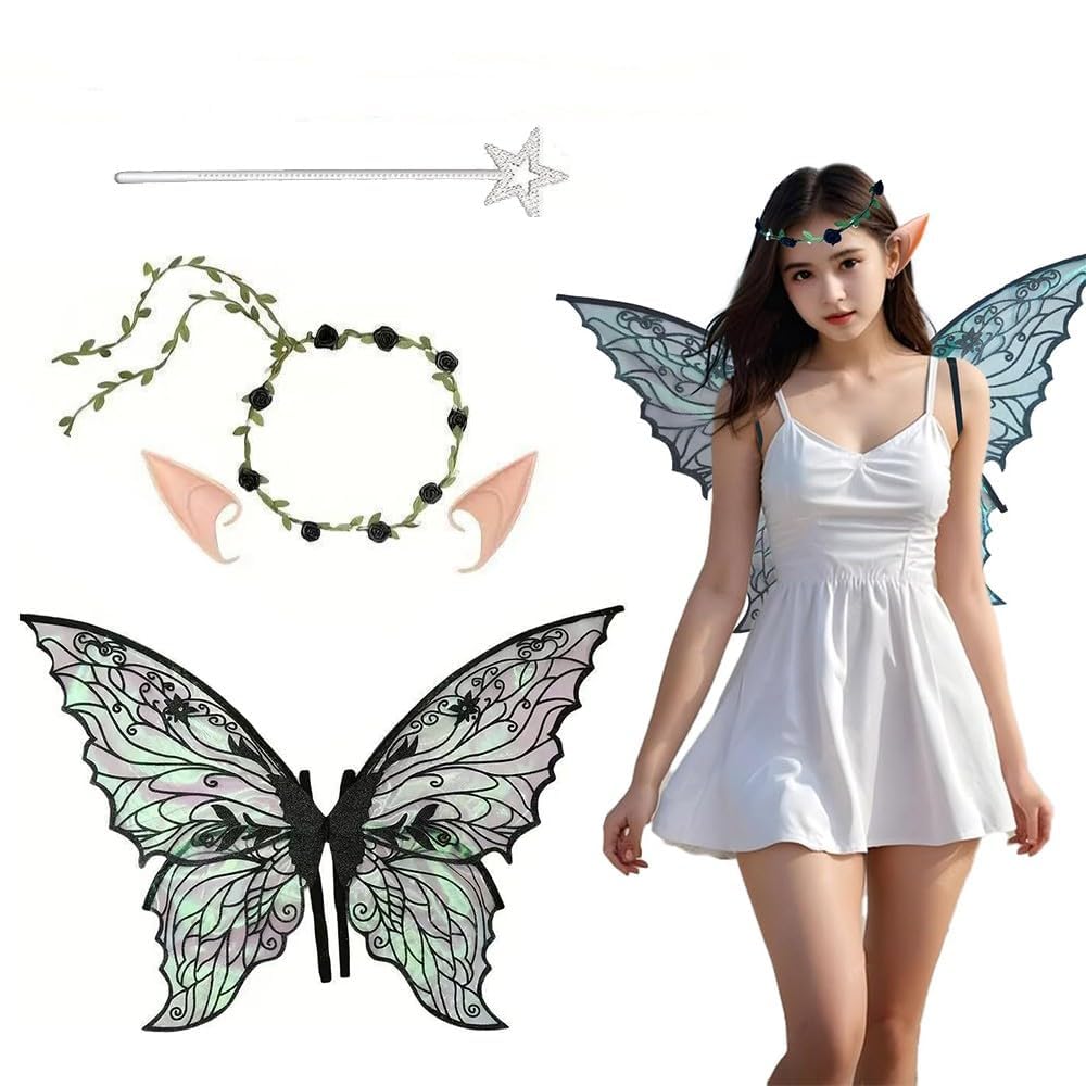 4 PCS in Set Fairy Wings, Butterfly Wings Adults, Angel Costume Accessories, Sparkling Sheer Wings with Flower Headband Black