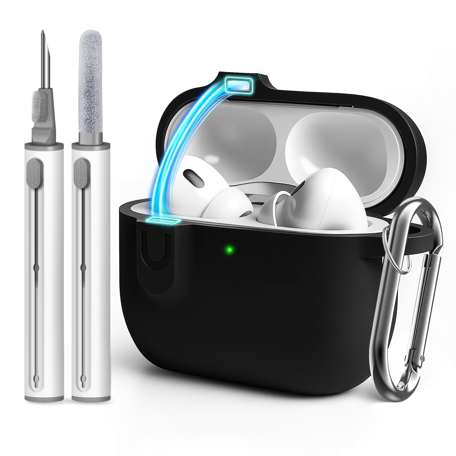 Photo 1 of Woyinger Compatible with AirPod Pro 3 Case Cover with Cleaner Kit, Soft Silicone Cover for AirPods Pro 3rd Generation Comes with Magnetic Lid Lock & Horse Pendant for Women/Men,Magnetic Black