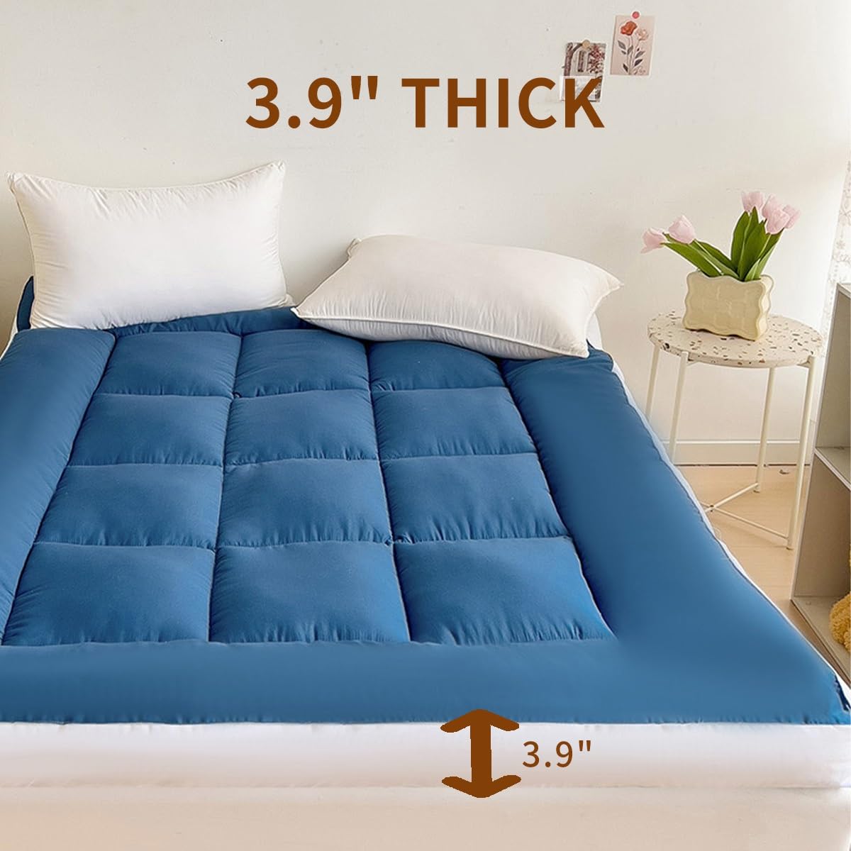 OBONG Matratzentopper 90x200cm/140x200cm/200x220cm Gewaschene Baumwolle Matratzen-Topper Ultra Soft Sojafaserfüllung Matratzenauflage 10cm Höhe Mit Bändern(B,TWIN-90X190cm)