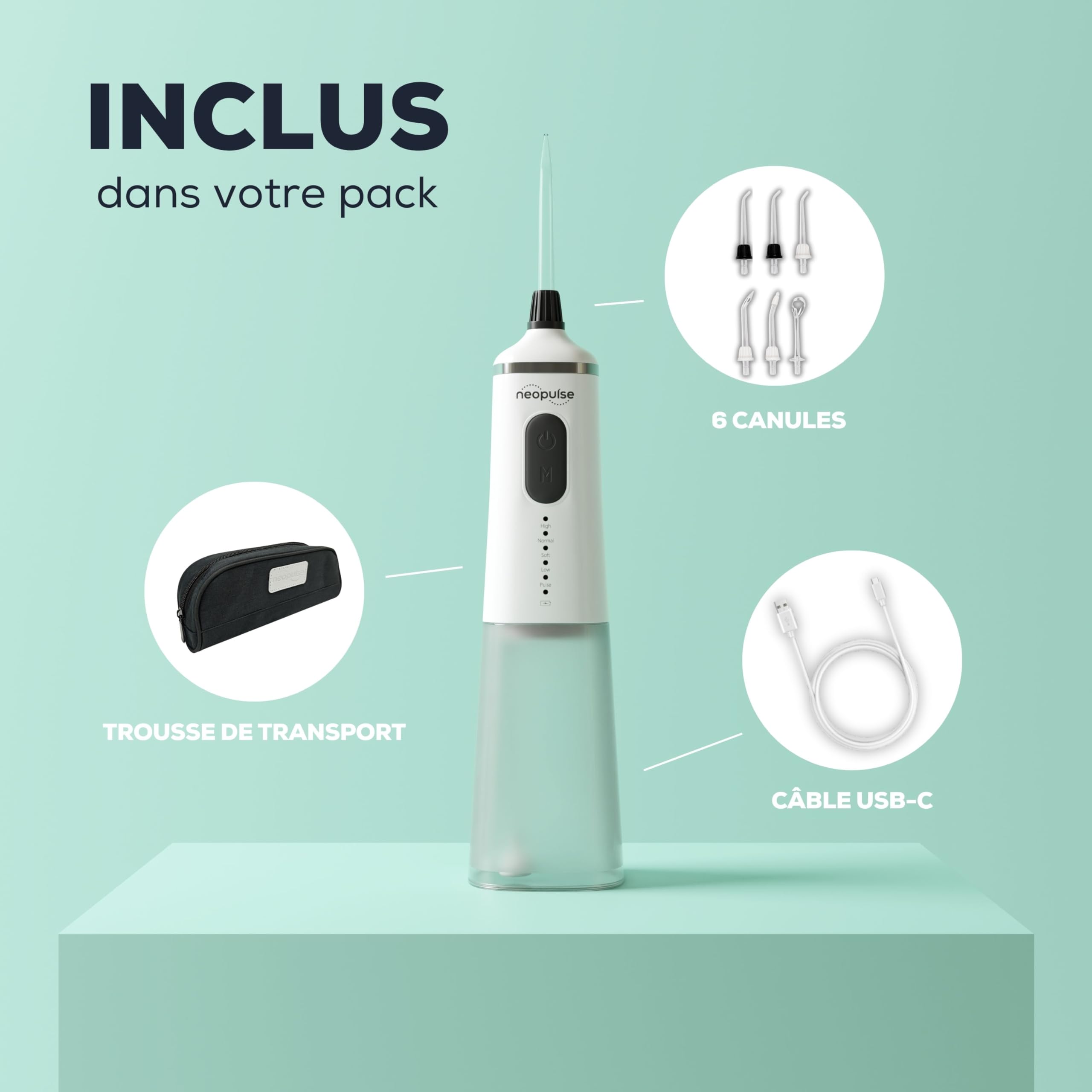 NEOPULSE EASY® – Jet Dentaire Hydropulseur Irrigateur Oral – Usage Familial – 5 Niveaux de Pression – Grand Réservoir de 240ML – 6 embouts - Gencives Sensibles et Orthodontie - Transportable - Blanc