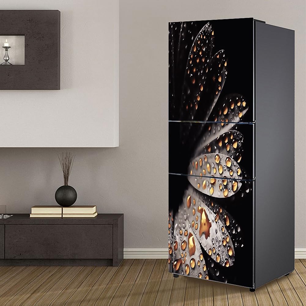 Targawerelax Fridge Wraps Kitchen Fridge Stickers Cover Full Doors, Fridge Sticker Full Covering Door Fridge Covers Skins Wall Stickers For Kitchen Decal, Flower Droplets In Darkness