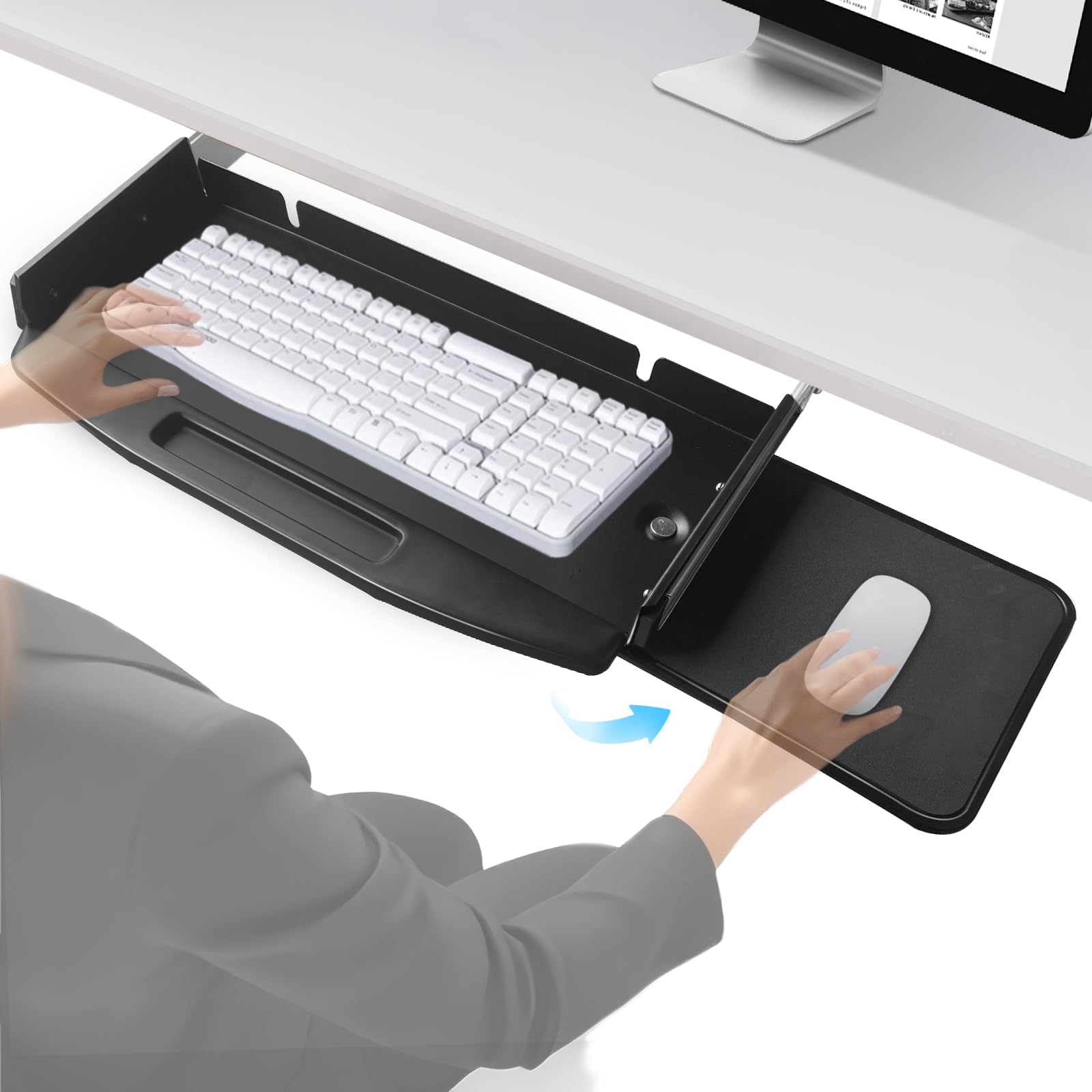 solid steel under desk keyboard tray slide out with 360° rotating mouse platform,keyboard shelf sliding,under desk mounted keyboard holder,under desk keyboard drawer 28"lx11"w