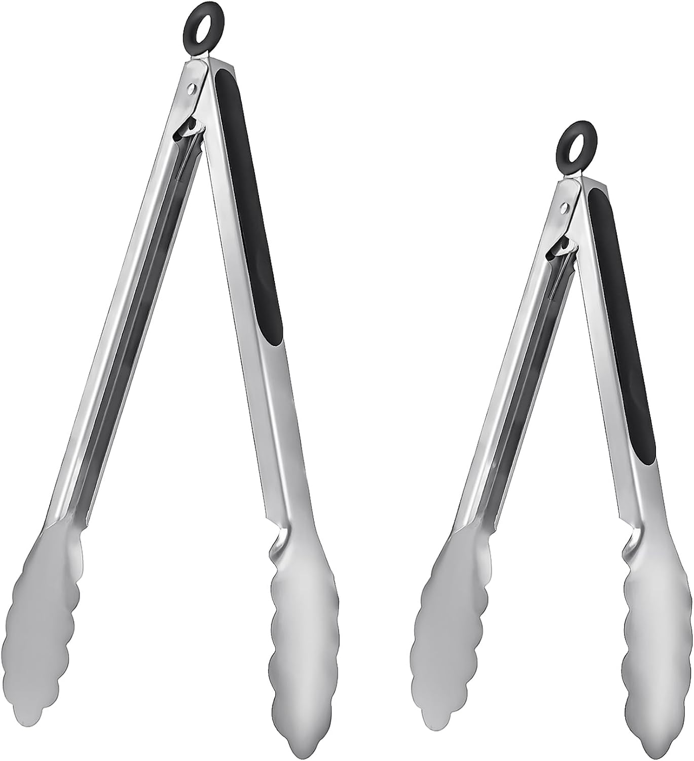ALLTOP Metal Cooking Tongs,Stainless Steel Food Tong with No-slip Silicon and Locking Ring for Kitchen - 9 &12 inch,Set of 2-Black
