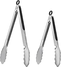 ALLTOP Metal Cooking Tongs,Stainless Steel Food Tong with No-slip Silicon and Locking Ring for Kitchen - 9 &12 inch,Set of 2-Black