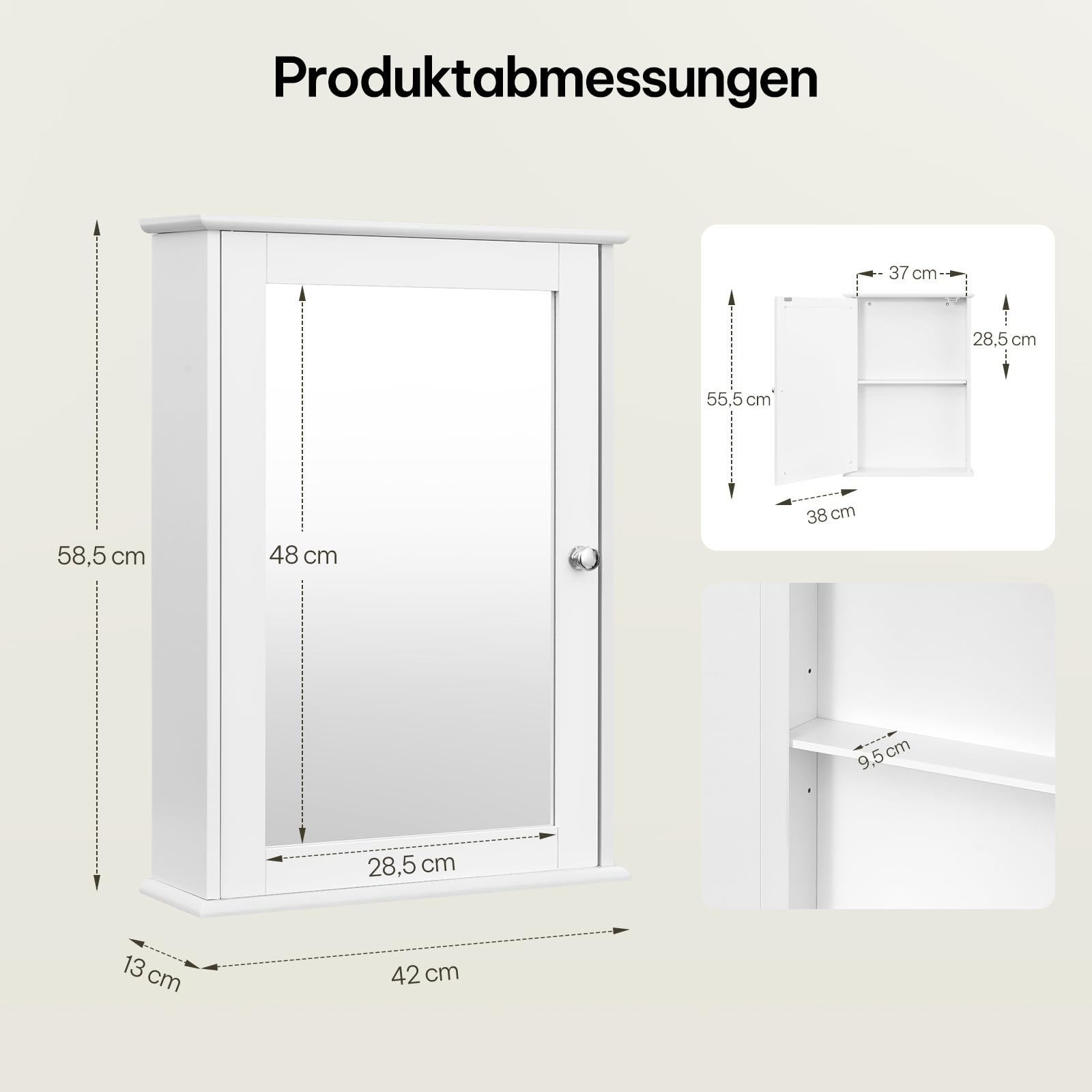 eSituro Spiegelschrank, Badspiegel Hängeschrank mit Türen, Platzsparender Wandschrank mit verstellbaren Regalen, Badschrank, Weiß, BHT 42x58,5x12cm
