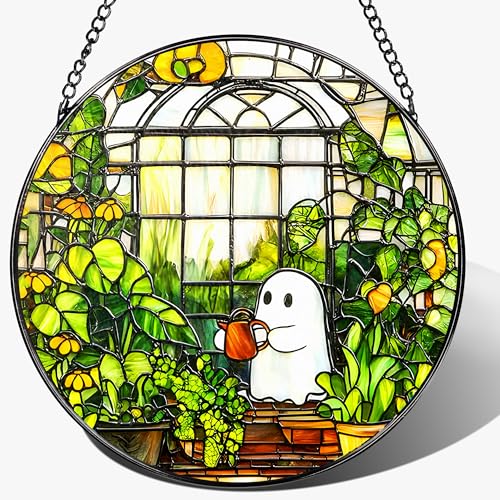 LAOWEIKI 8 Halloween Ghost Greenhouse Sun Catcher Ornament Stained Glass Window Hanging Sun Catchers for Windows Hanging Ornaments Window Decor Holiday Present Ideal Gift | Plant Lovers Gifts