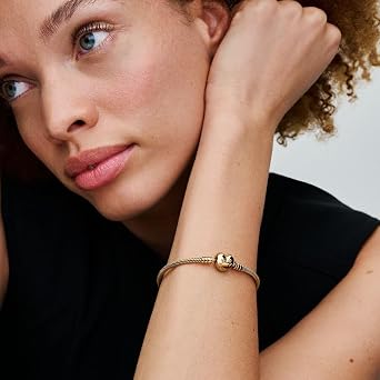 PANDORA Moments 563050C00-18 Snake Link Bracelet with Heart Clasp Sterling Silver Gold Plated Metal Alloy, Compatible Moment, Size: 18, 18cm, Sterling Silver, Gemless, 18cm, Sterling Silver, Gemless