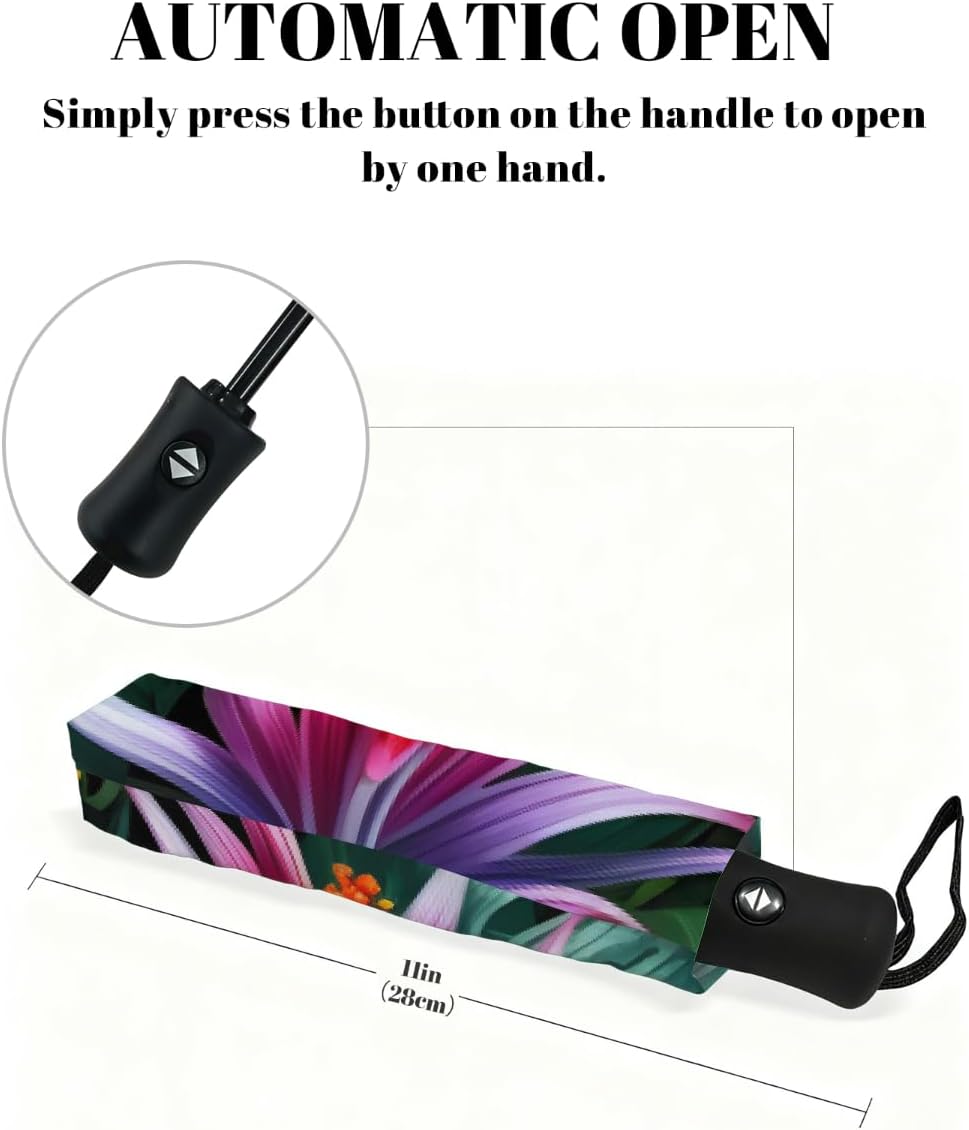Colorful Palm Leaves Flowers Folding Umbrella Windproof Compact Lightweight Travel Umbrella with 8 Reinforced Ribs, Portable UV Sun & Rain Protection for Men & Women