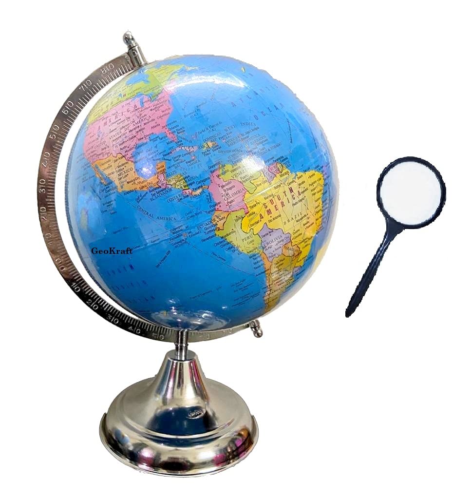 GEOKRAFTPolitical Educational 8 Inch Rotating World Globe with Nickel Plated Metal Base,Blue,Pack of 1 set