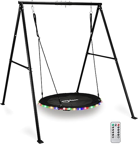 Juego de columpio de 440 libras para patio trasero con platillo LED de 40 pulgadas y soporte de metal resistente con marco en A, juego de columpios