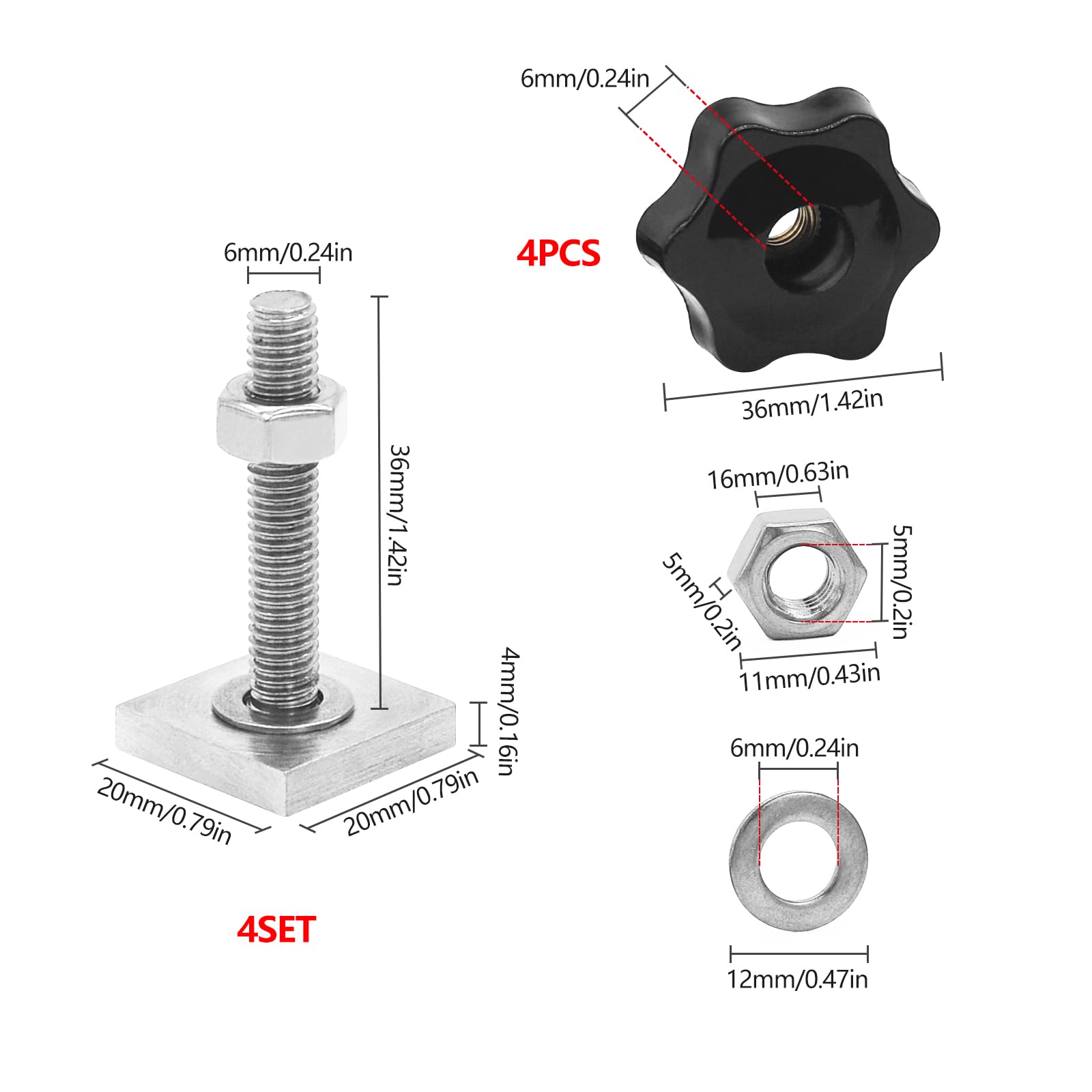 JJWNMLL T track adapter bolts head 20x20 mm square sliding blocks,t-nut adaptors bolts carbon steel roof rack accessories with Screw Nuts (M6 T-slot + star knob nut-4pcs) - Image 2