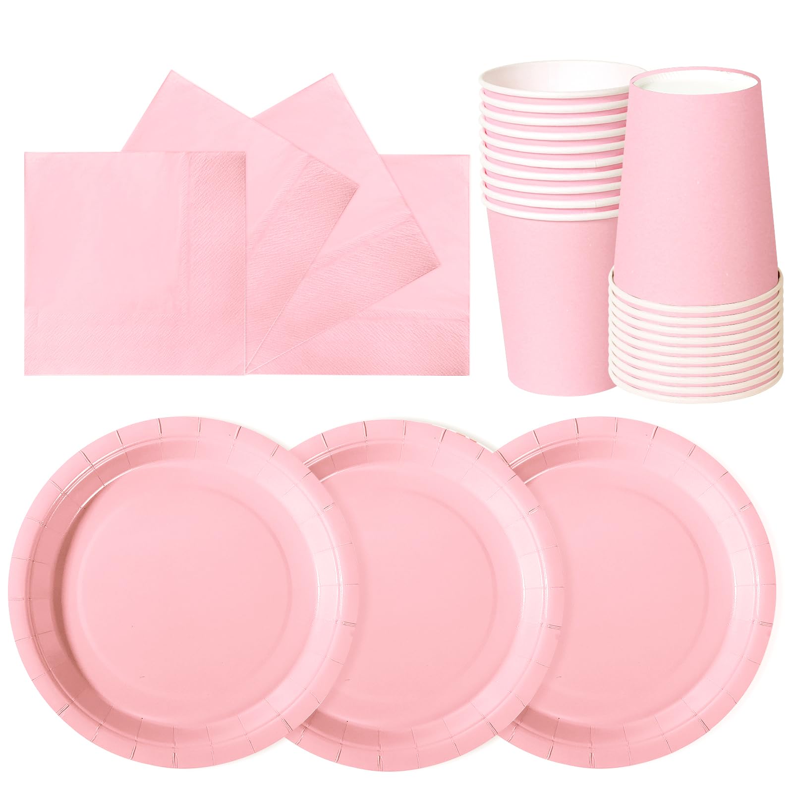 hailstones Dusty Pink Disposable Party Paper Plates Set Tableware Supplies - 24 Pack of 7 Inch Plates, Cups & Napkins for Kids Birthday Decorations Christening Wedding Shower