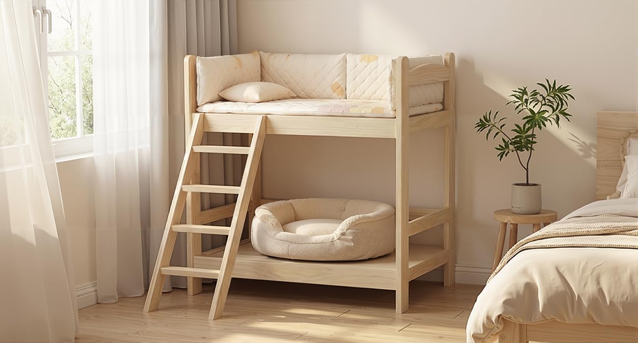 Caldion Haustierbett 2 Etagen 60x45x70 cm stabiles Katzen- und Hundebett mit Leiter belastbar bis 30 kg Haustiersofa für 2 Tiere mit Platz für Katzenklo unten für Wohnzimmer Schlafzimmer