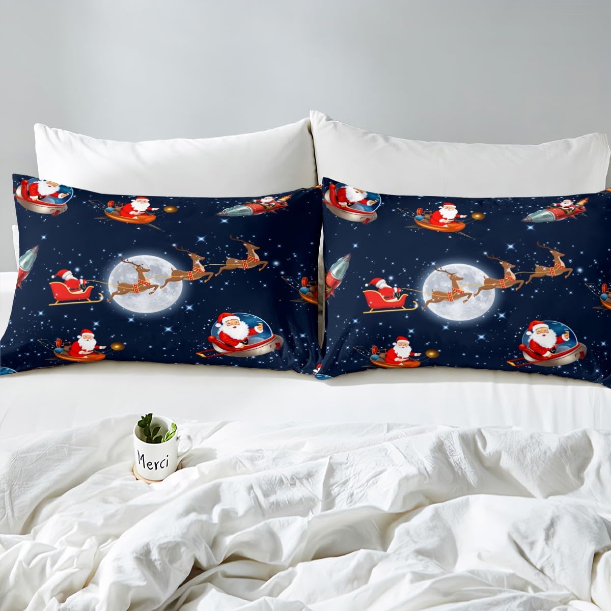 Christmas Fitted Sheet Single Size, Galaxy Santa Claus Reindeer Rocket Bed Cover with 1 Pillowcase - Image 4
