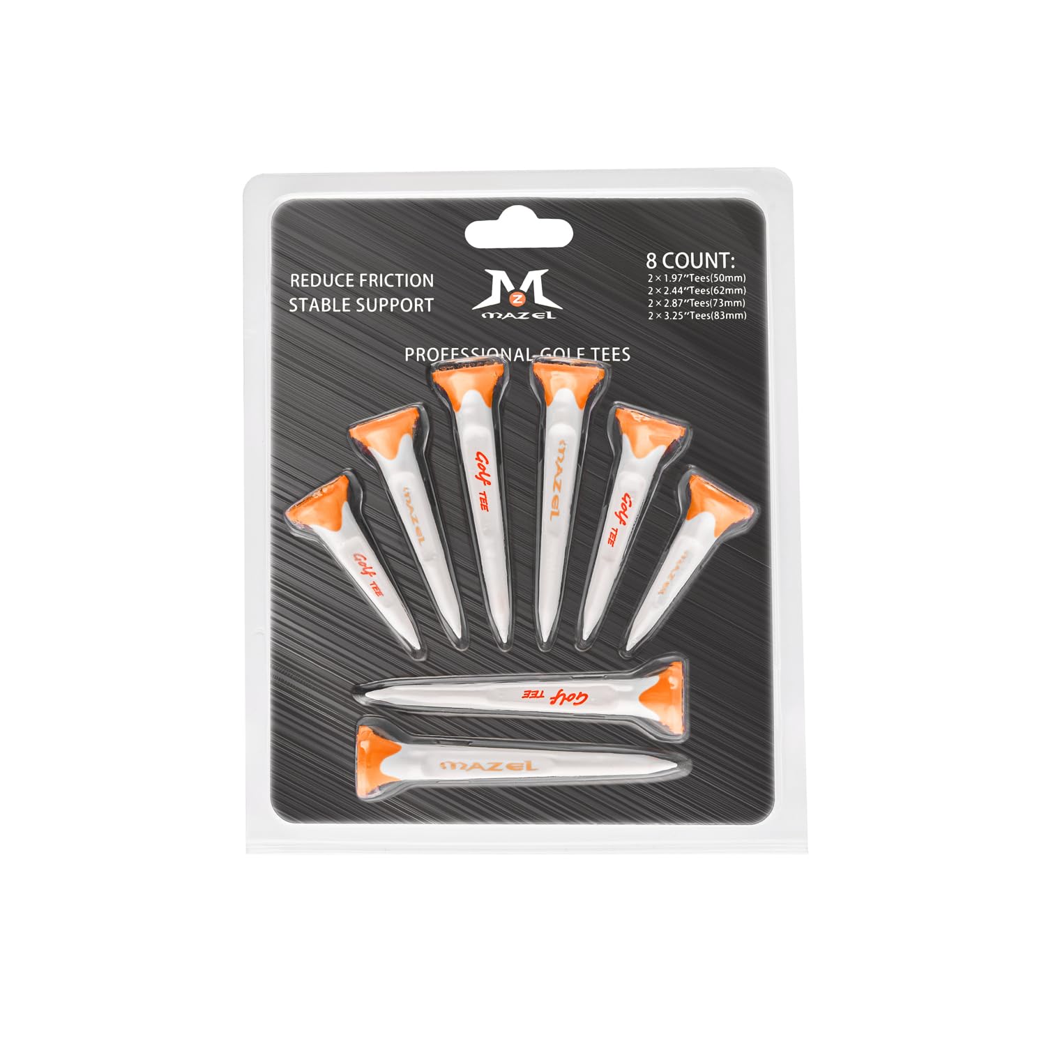MAZEL Golf Tees 8 Pack Durable Plastic Par-Tee High Performance Tees 1.97" 2.44" 2.87" 3.25" (Classic, Orange)