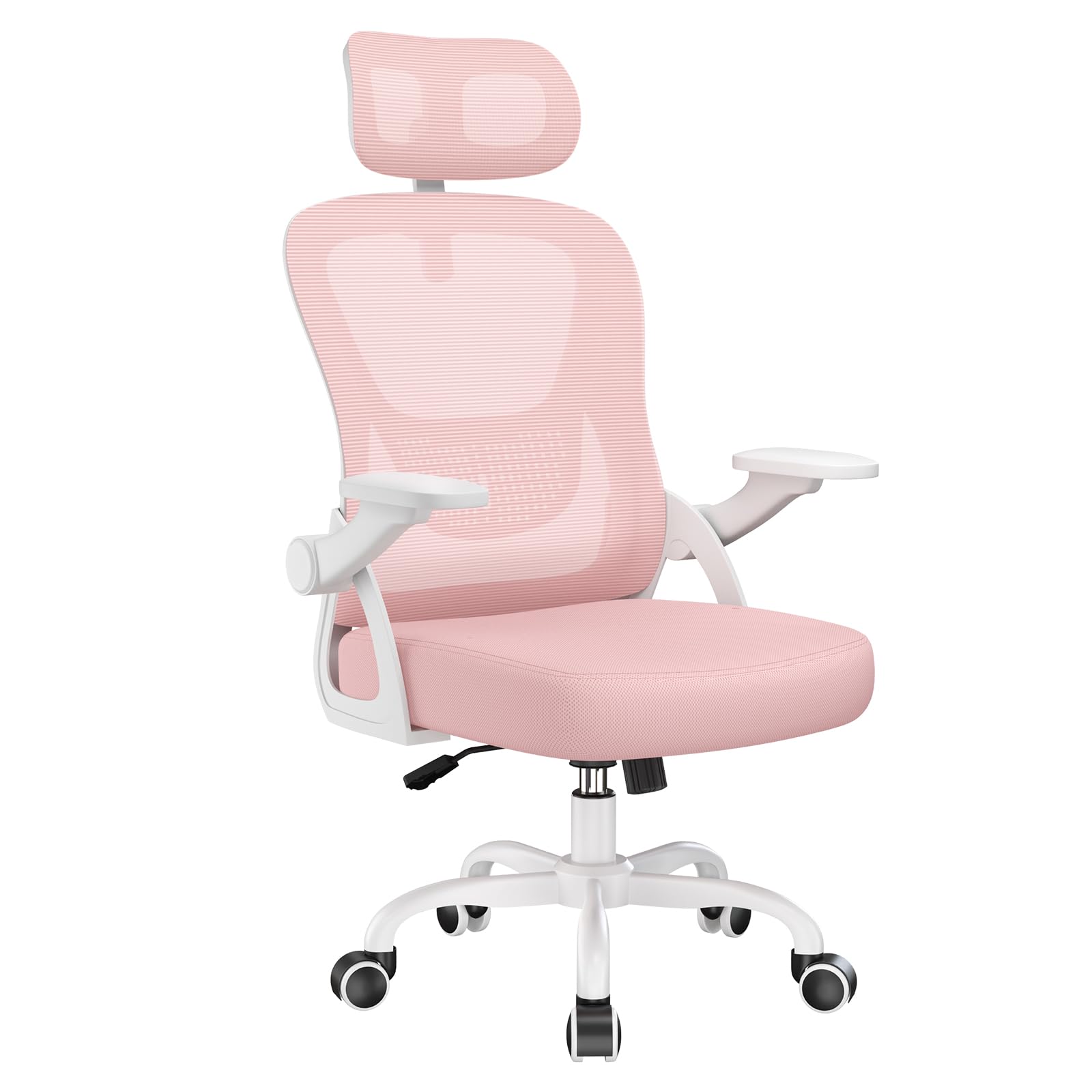 rattantree Ergonomic Office Chair, Desk Chair with Folding Armrests, Headrest and Backrest, Small Ergonomic Chair with Tilt Up to 115°, Mesh Office Chair, Pink