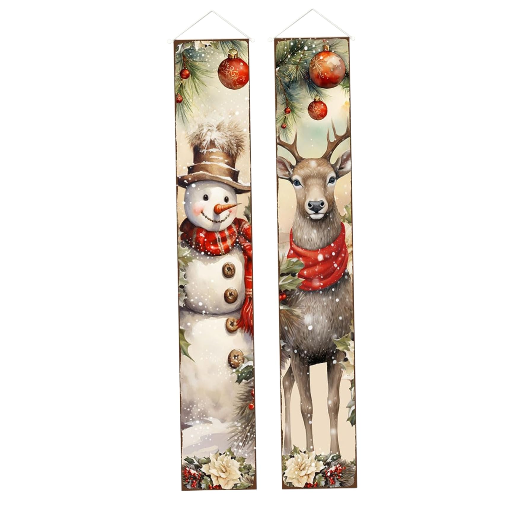 Christmas Porch Signs, 2Pcs Snowman Deer Christmas Door Banner, Vertical Hanging Decorations for Front Door Outdoor Winter Holiday Welcome Sign Banner