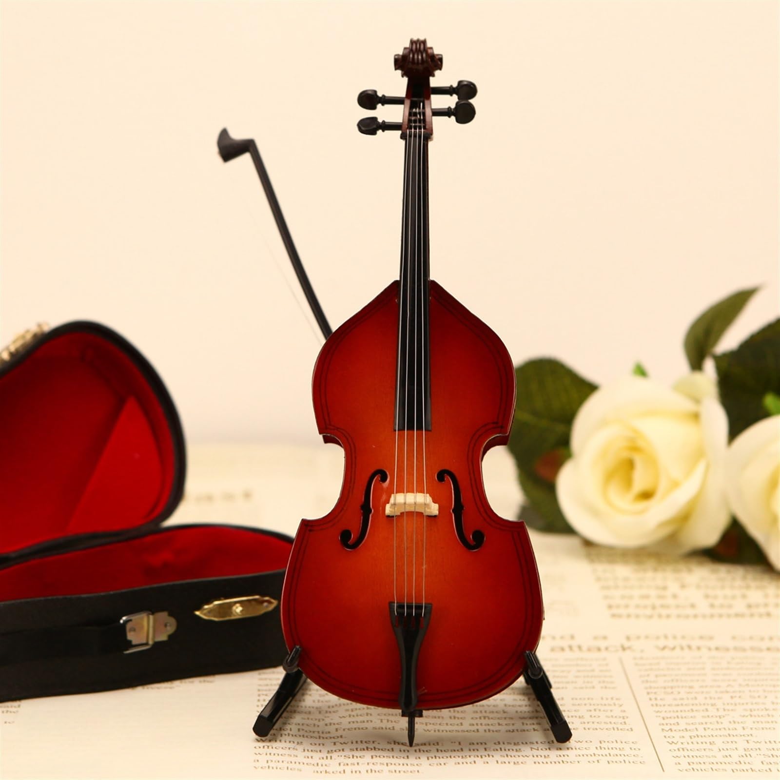 Miniatura Contrabbasso In Legno Con Supporto, Arco E Custodia - Modello Da Collezione 8 Cm Per Musicisti E Decorazione Casa