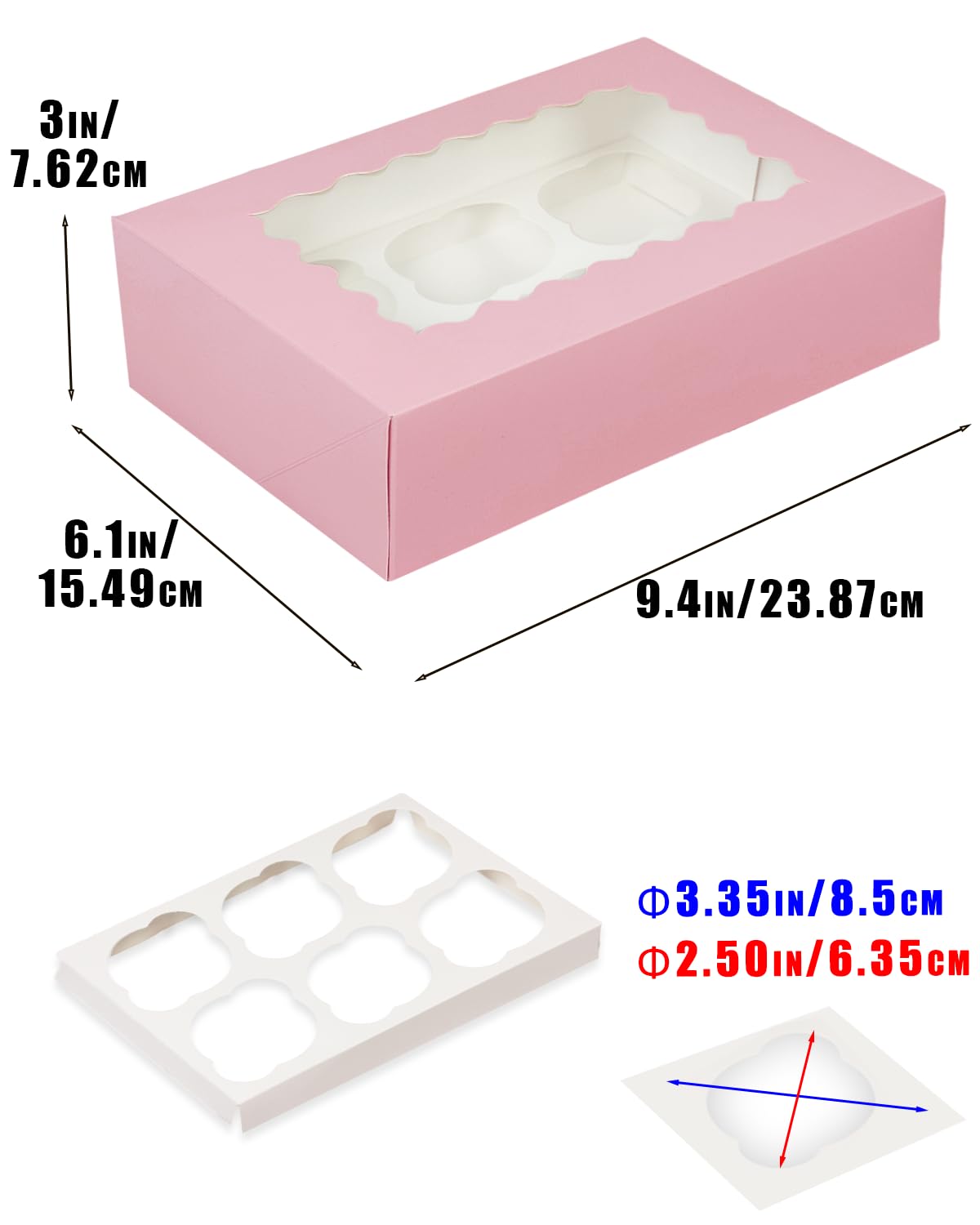 Gcardist 25 paquetes de 6 cajas para cupcakes con ventana, caja rosa para cupcakes de 23,87 x 15,49 x 7,62 cm, cajas de panadería para portador de cupcakes, recipientes para cupcakes (9.4 x 6.1 x 3