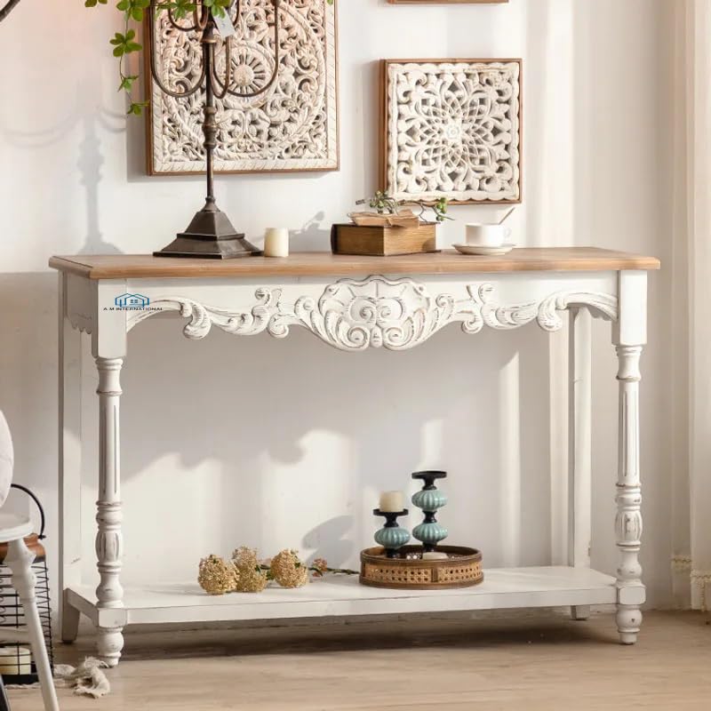 Wooden Carved Console Table in Solid Mango Wood with Antique White Distress Finish for livingroom, Hall, enterway, Office Size 48 * 30 * 15 inch (Distress) (M1)