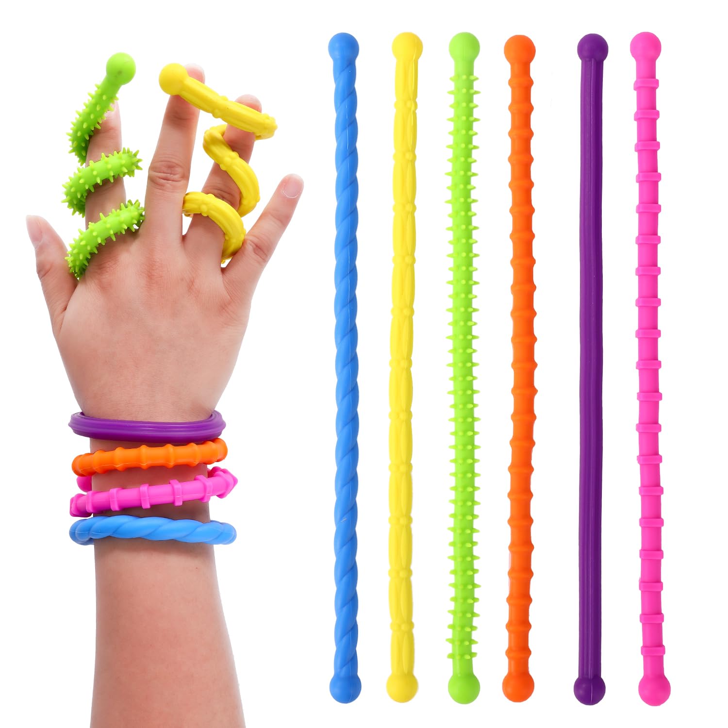 Lyreh 6pcs Textured Stretchy Sensory Fidget Toys, Colorful Quiet Sensory Noodles Fidget Stretch Toys for Autism ADHD Stress Anxiety