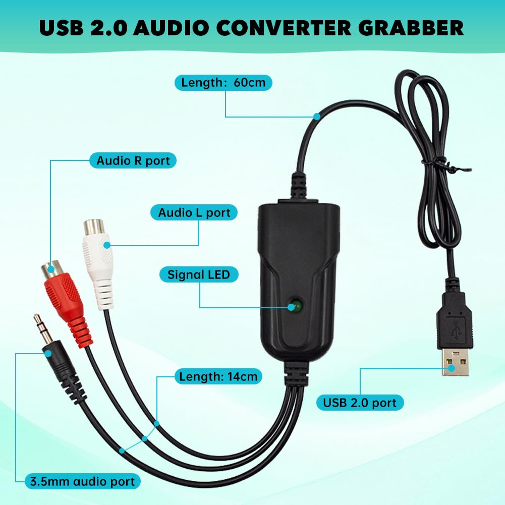 Carte de Capture Audio USB 2.0 pour Cassettes Vers Convertisseur MP3, Interface Stéréo 3.5mm, R/L Compatible avec Windows XP/7/8/10 et Mac OS 10.14