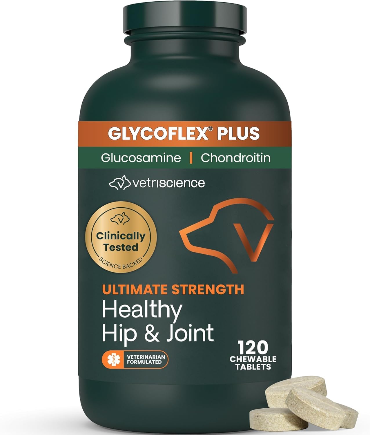 Ultimate Strength Healthy Hip & Joint Chewable Tablets, GlycoFlex Glucosamine, Chondroitin and Green-Lipped Mussel Joint Supplement for Dogs, Soothe Joint Discomfort, Chicken, 120 Count