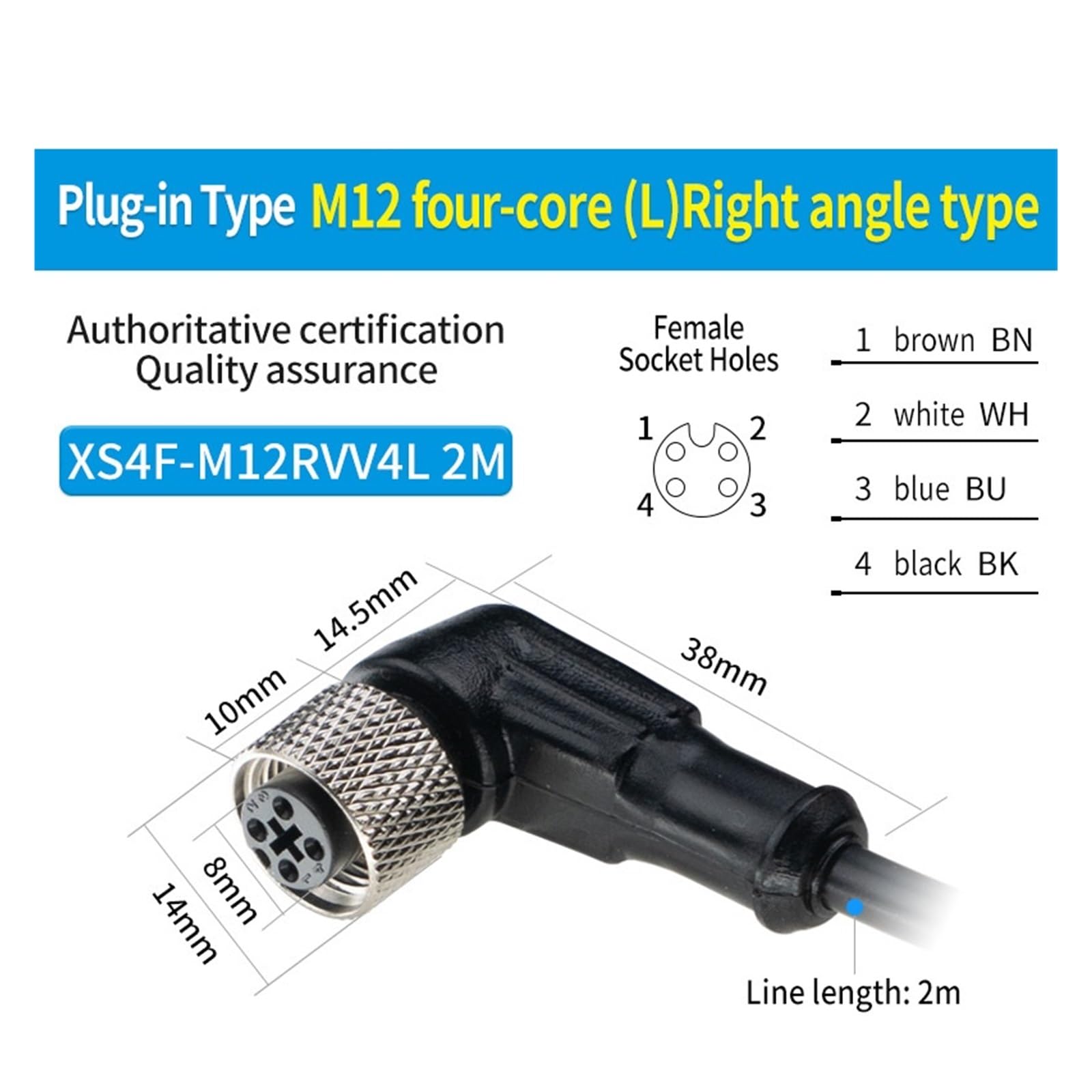 Cable Impermeable for Sensor de proximidad, de 3 o 4 núcleos, for Uso aeronáutico, Macho y Hembra.(XS4F-M12RVV4L 2M)