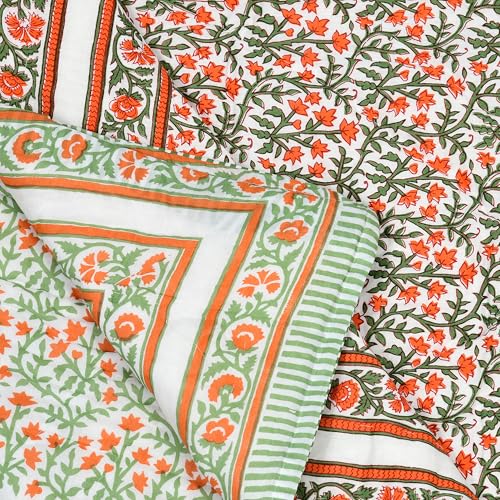 Image of BLOCKS OF INDIA Cotton Single Size Quilt Hand Block Print for Light Winters (60x90 Inches) (Green RED JAAL)-300 TC