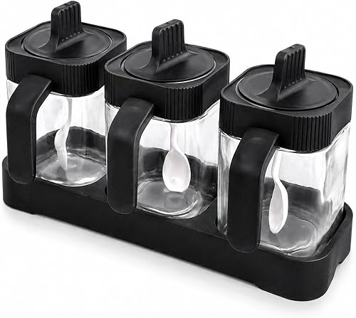 Spice Jar Set 3 Piece, Glass Seasoning Jars with Spoon Lids & Stand