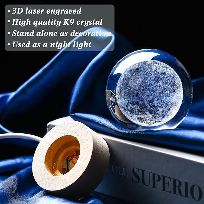 Image of SCILLA 3D Moon Crystal Ball Night Lamp | 6 cm Glass Ball | Warm White LED | Bedroom & Gift Light |Aesthetic Gift Lamp