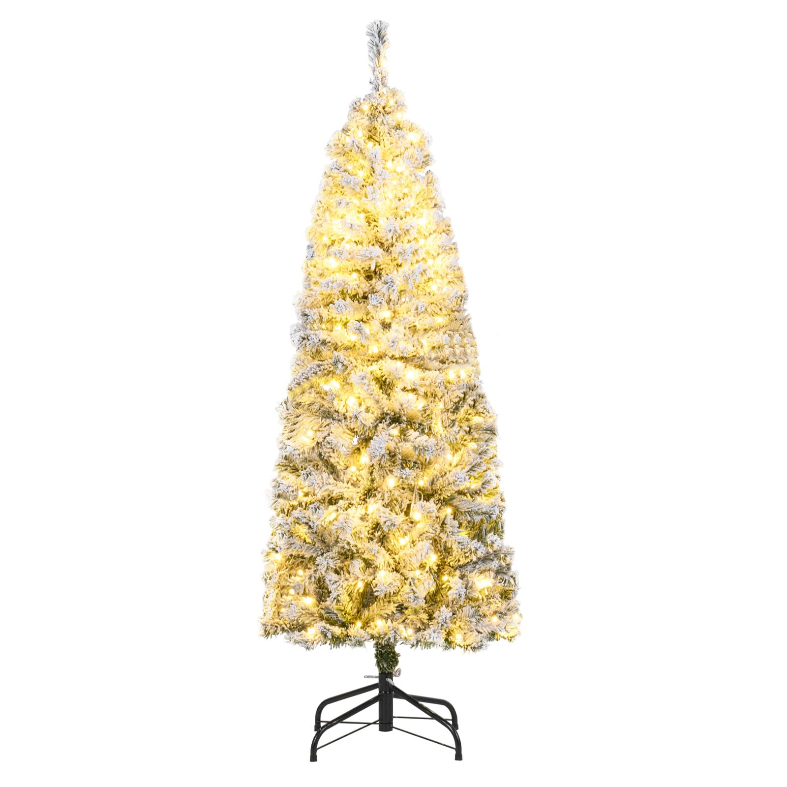 COSTWAY Sapin de Noël Pré-éclairé, Arbre Articulé avec 329/533 Branches en PVC Enneigé, 180/260 Lumières LED Blanc Chaud, 8 Modes, Pied Métallique, Décoration Élégante pour Maison, Bureau (150 cm)