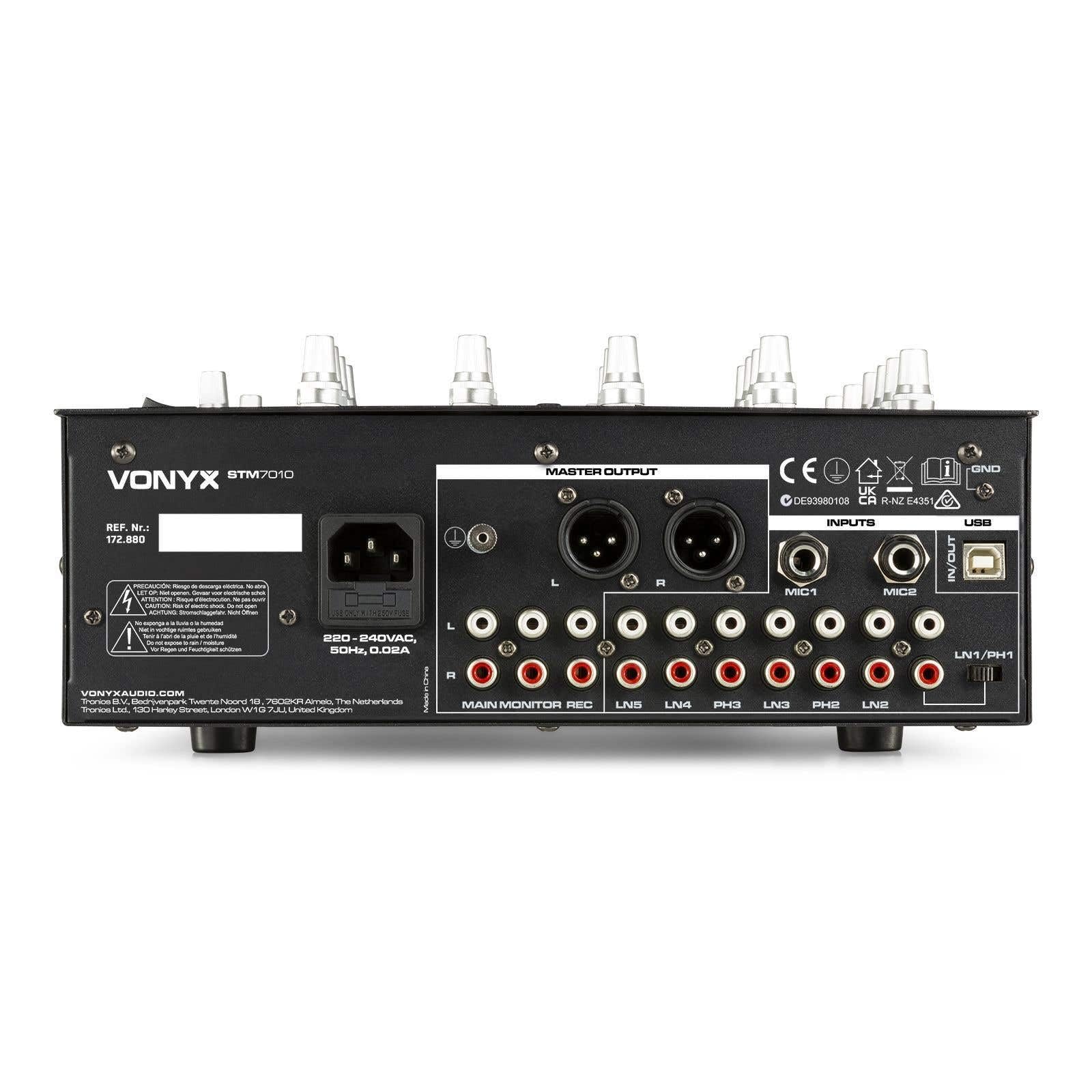 Vonyx STM-7010 - Mezclador de DJ 4 canales con entrada USB, mesa de mezclas, mezclador de DJ, entradas MIC, DMX, crossfader, medidor VU, mezclador de audio, mezclador de 4 canales