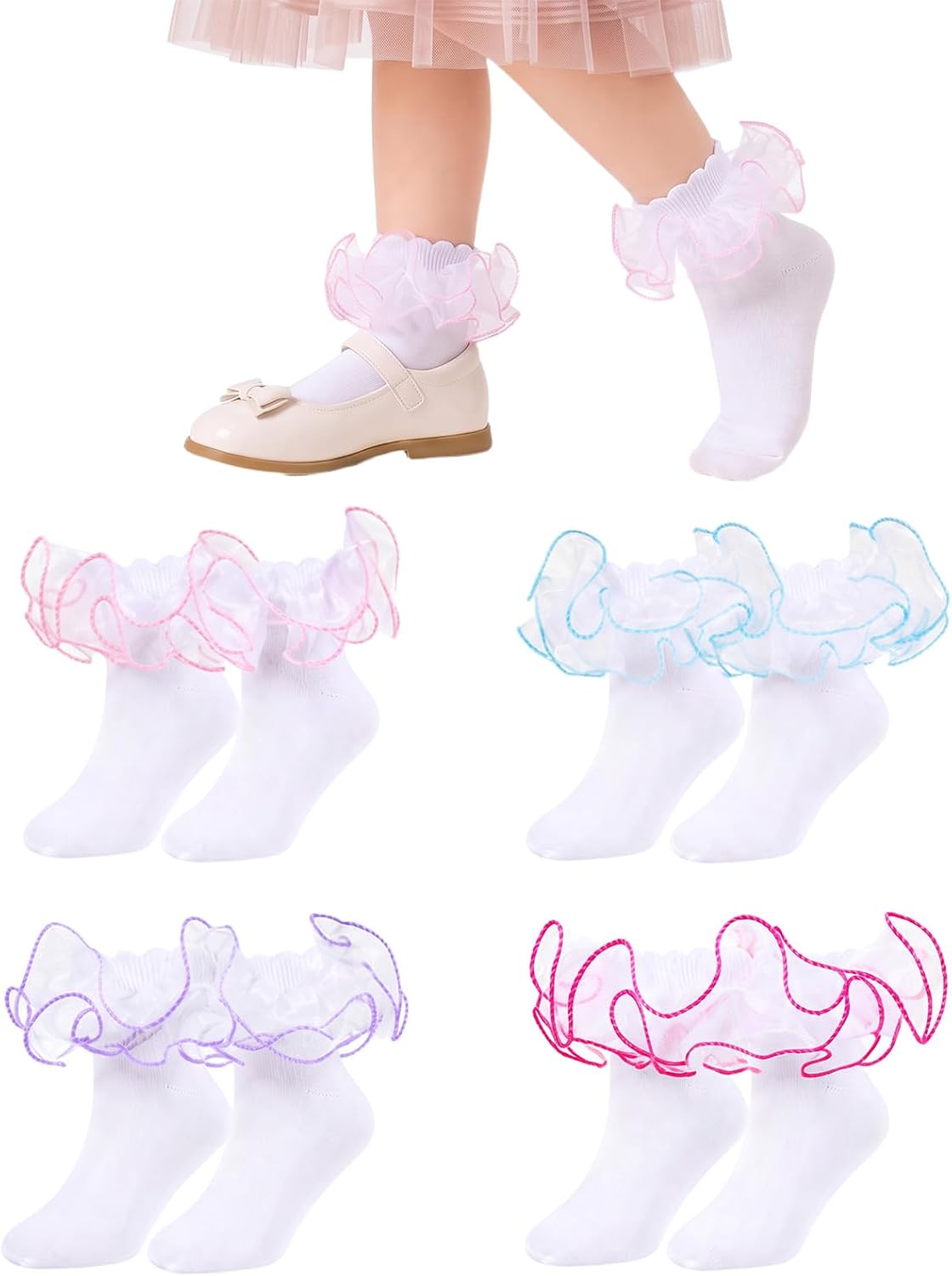 4 Pairs Girls Ruffle Socks Toddler White Socks with Colored Ruffles Double Lace Frilly Turn Cuff Pageant Dress Church