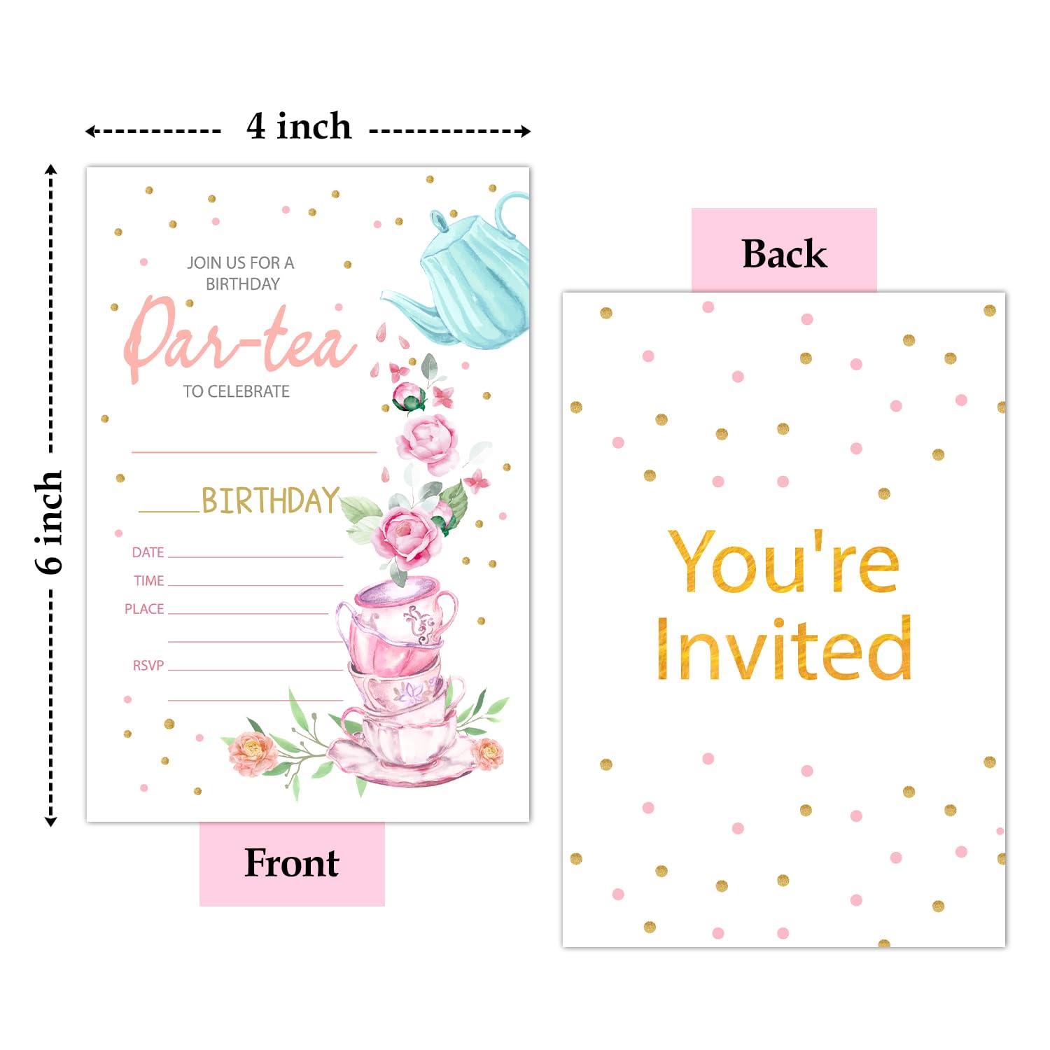 Floral Tea Party Birthday Invitations for kids, Let's Par-Tea Garden Tea Cup Party Invites Cards for Boys & Girls, Birthday Party Celebration Favor, bday Invites Supplies (20 Cards + Envelopes) - A002