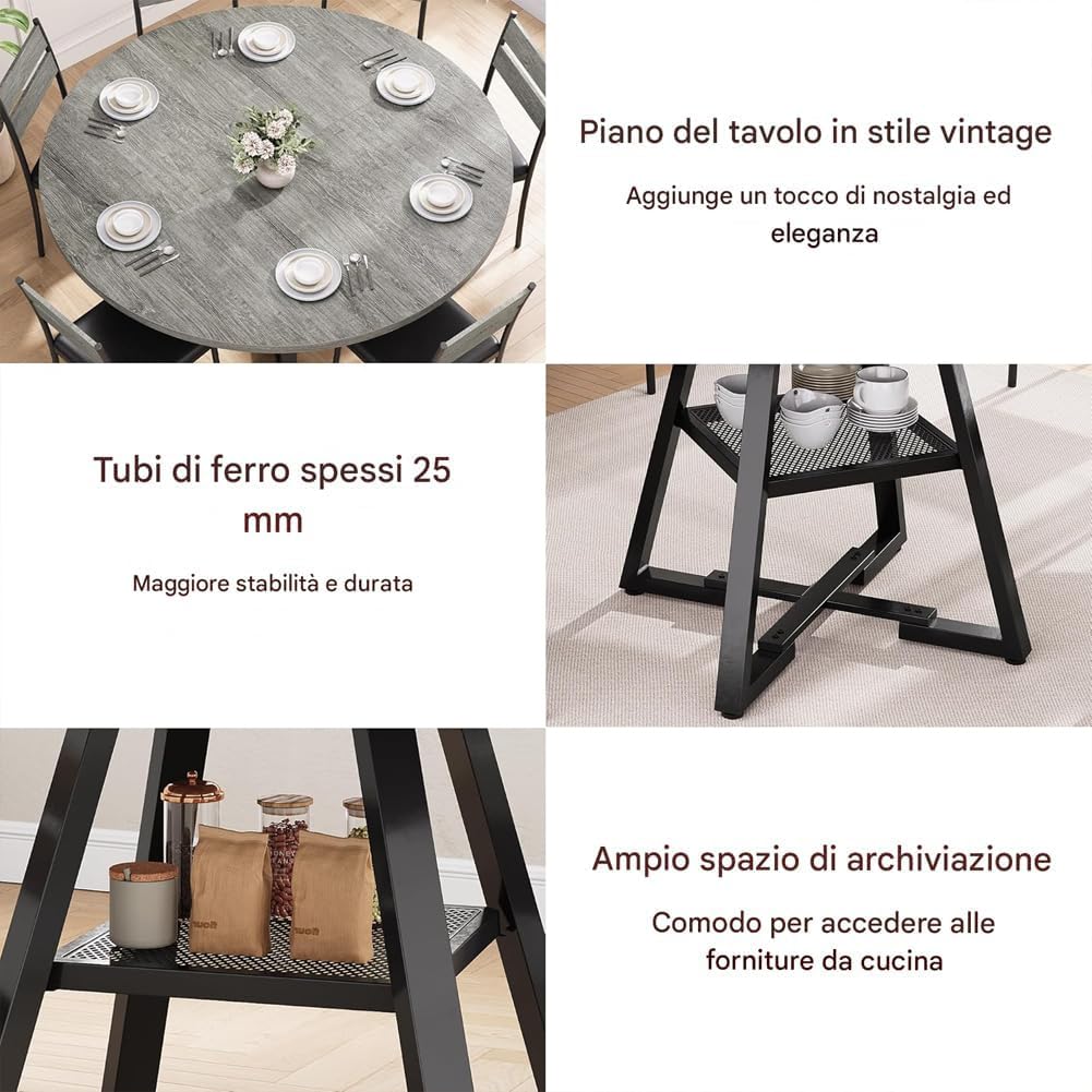 Shally Dogan Tavolo Rotondo per Sala da Pranzo e Cucina Diametro 120cm, Gambe in Metallo con Ripiano Portaoggetti Inferiore e Piano in Legno, Ideale per Casa e Ufficio, Grigio