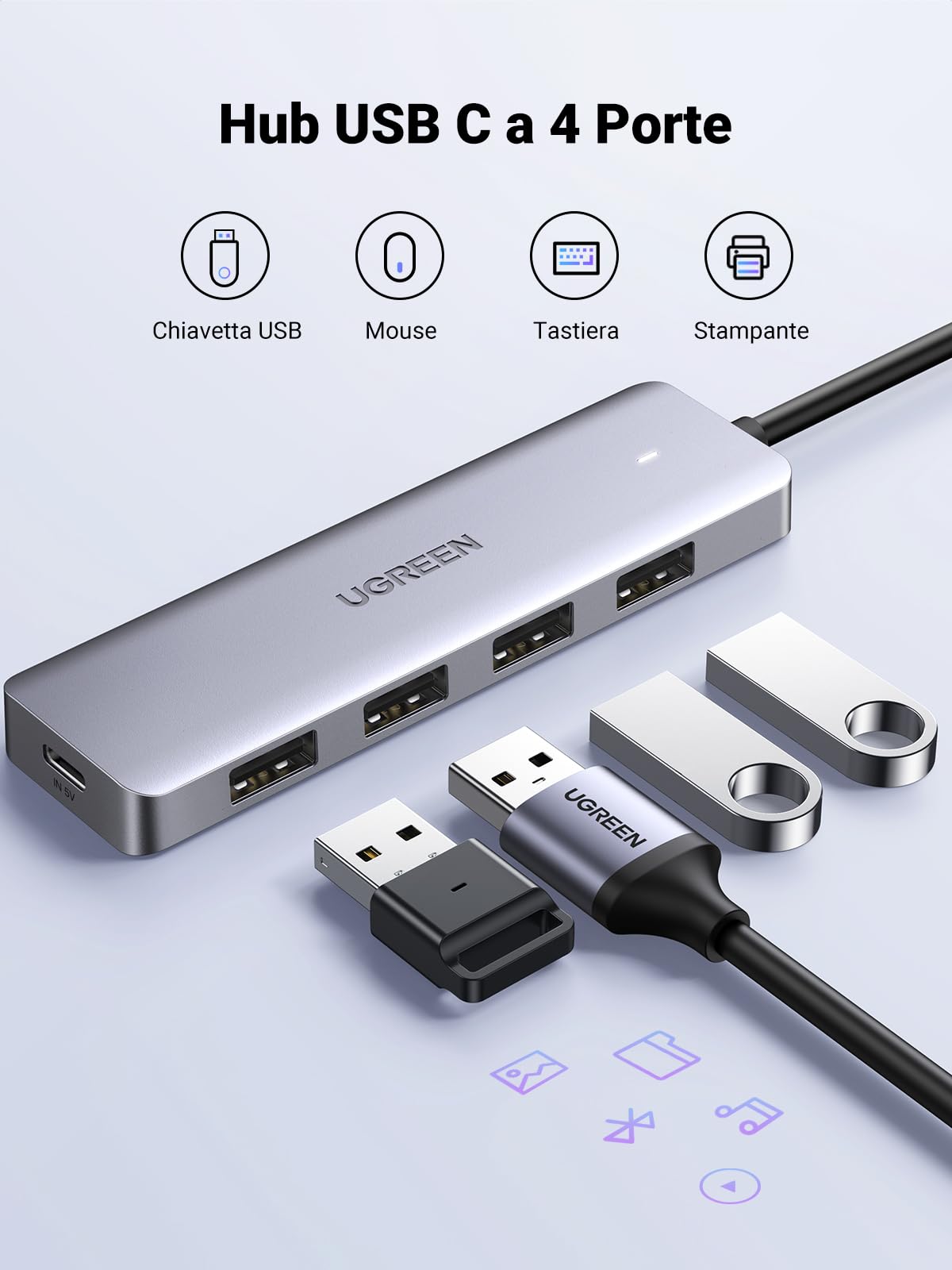 UGREEN Hub USB C 4 Porte 5Gbps Dongle Adattatore Type C OTG per iPhone 17 PRO Max Air, MacBook PRO Air M3 M2 M1, Galaxy S24 Ultra, Surface (60cm)