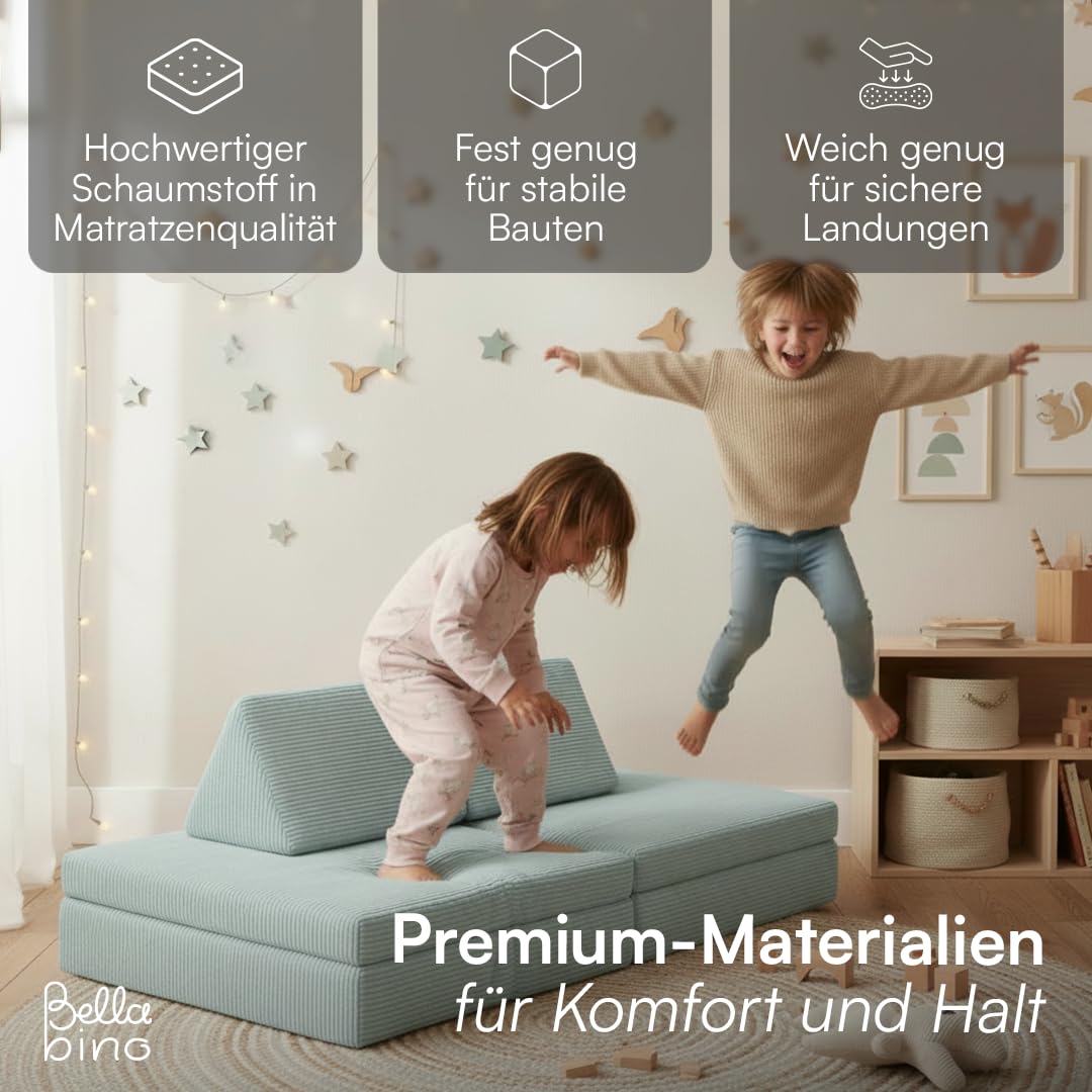 Bellabino Nile Spielsofa Maxi 4-TLG. für Kinder – Kindersofa Cord in Türkis – Spielesofa Schaumstoff Bausteine – modulare Kindercouch ausklappbar mit waschbarem Bezug – Sofa Kinderzimmer Kuschelecke