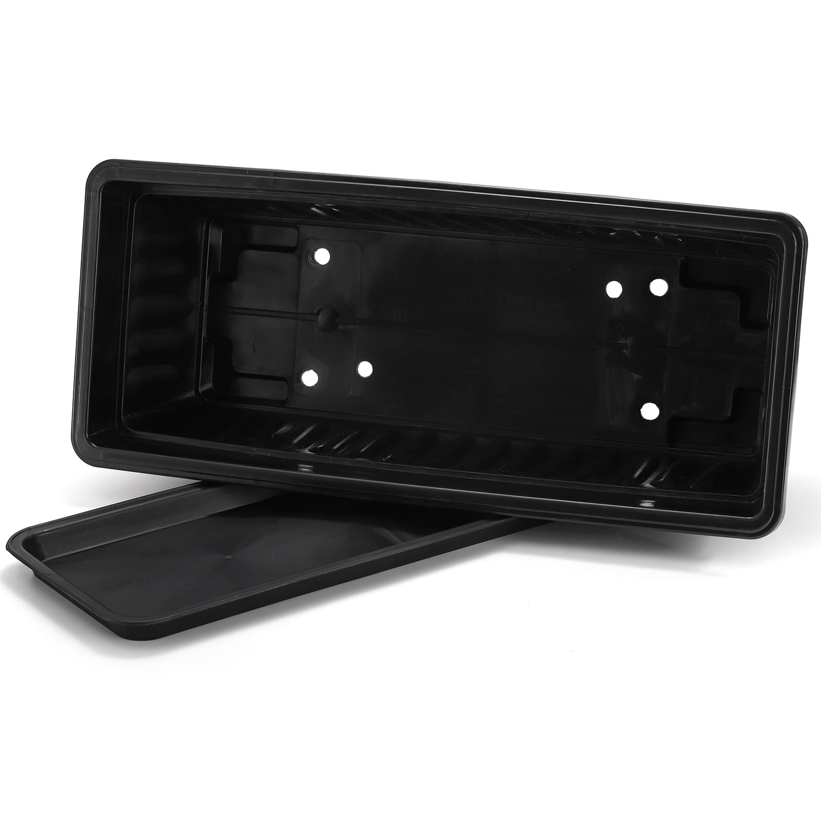 Fasmov 5 Stück 43,2 cm Blumenfenster Box Kunststoff Gemüse Pflanzgefäße mit Tabletts Gemüse Anzuchtbehälter Garten Blumentopf mit 5 Stück Pflanzenetiketten für Balkon, Terrasse, Garten, Schwarz