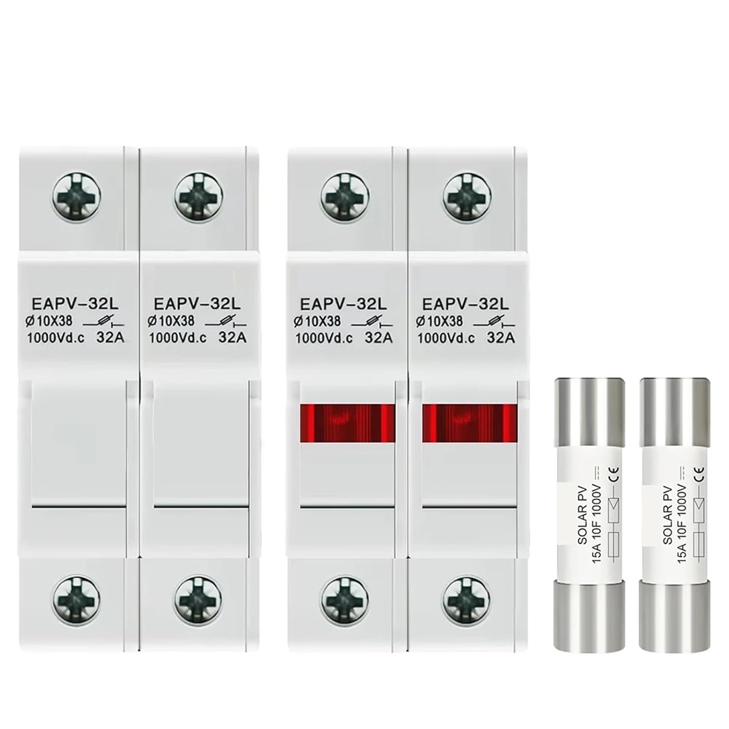 One Set 2P Parallel DC Fuse Holder 10 * 38mm High Voltage Solar PV 1000V 6A-32A Base Photovoltaic System Protection Protector(20A,EAPV-32L-2P)
