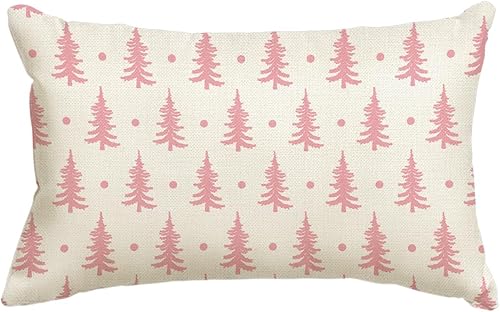AVOIN colorlife Funda de almohada rosa con árboles de Navidad, 12 x 20 pulgadas, decoración de sofá y vacaciones de invierno