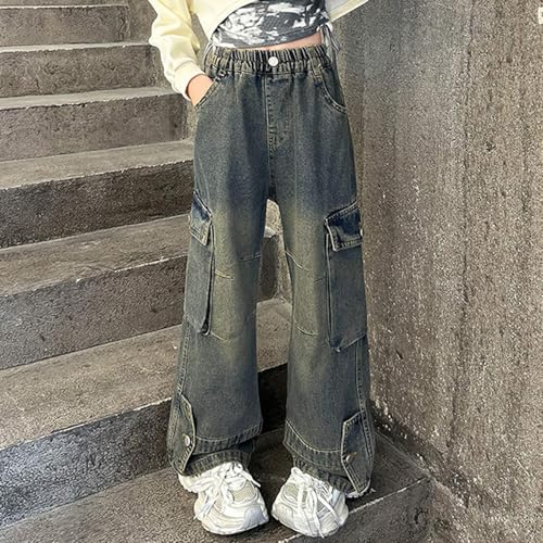 Baggy Jeans for Girls Kids Y2K Streetwear Hip Hop Elastic Waist Loose Fit Straight Wide Leg Denim Pants with Pockets4