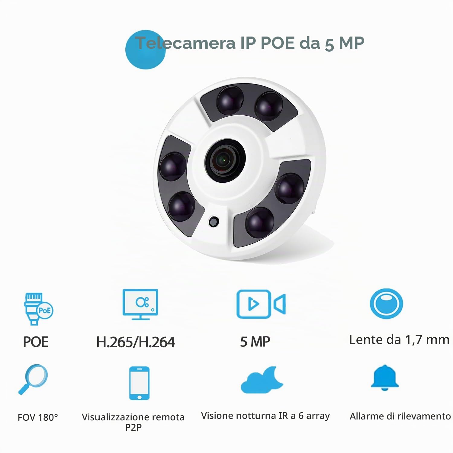 5MP HD Fisheye POE IP Camera,Telecamera sicurezza Indoor CCTV Obiettivo 1,7mm 180° 6 Array LED IR Visione notturna P2P H.265 Rilevamento del movimento Telecamera (IF02-P-HS Bianco)