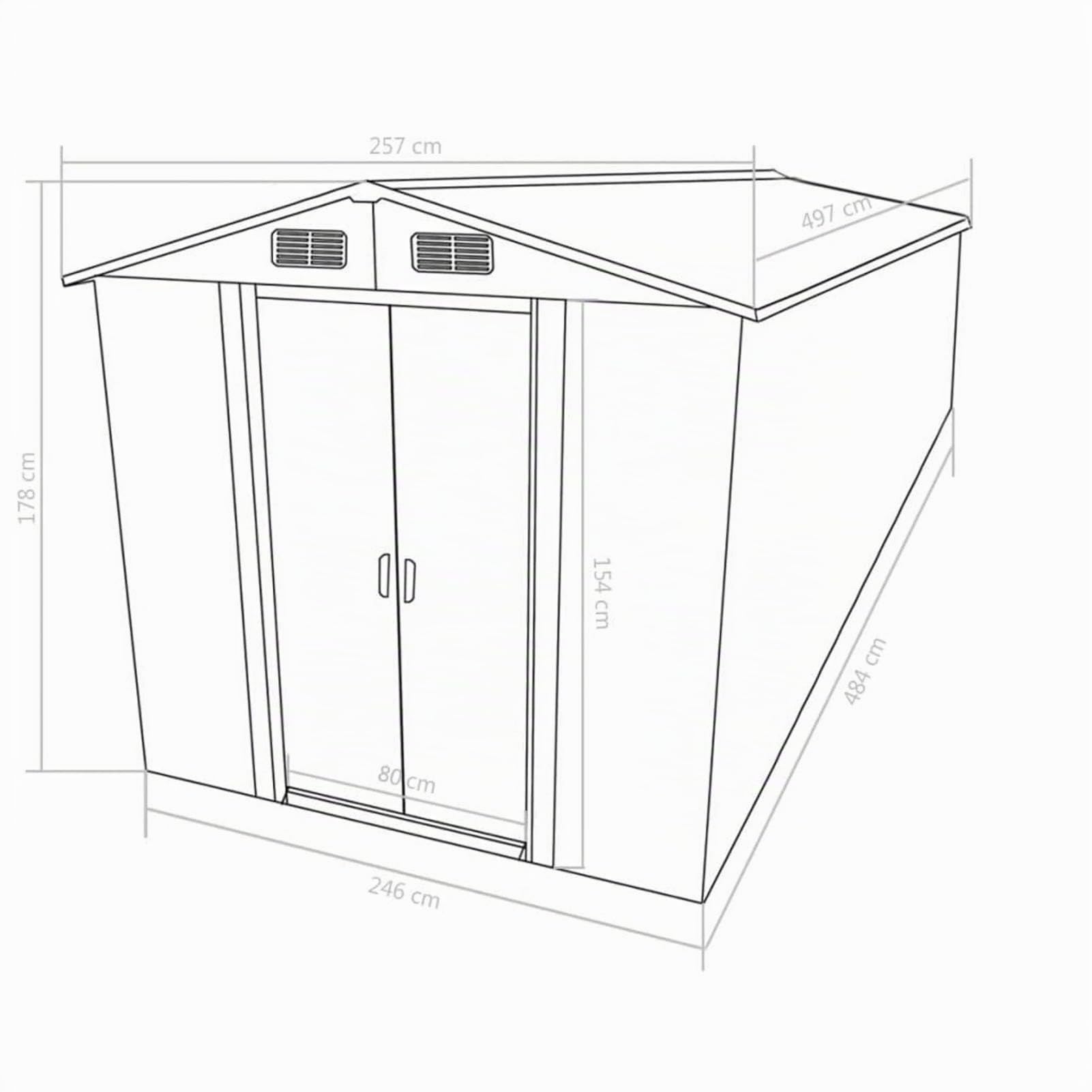 Casetta da Giardino in Metallo, Capannone per Attrezzi con Porte Scorrevoli, 257x489x181 cm, Acciaio Zincato, Stoccaggio Esterno per Utensili e Mobili da Giardino