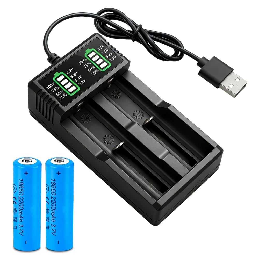 18650 Battery Charger Set with 2 Pack 3.7V 2200mAh Pointed Batteries, Pengrity 18650 Rechargeable Battery, USB 2 Slot Charger with LCD Display Smart, for 26650 21700 14500 18650 — view 8