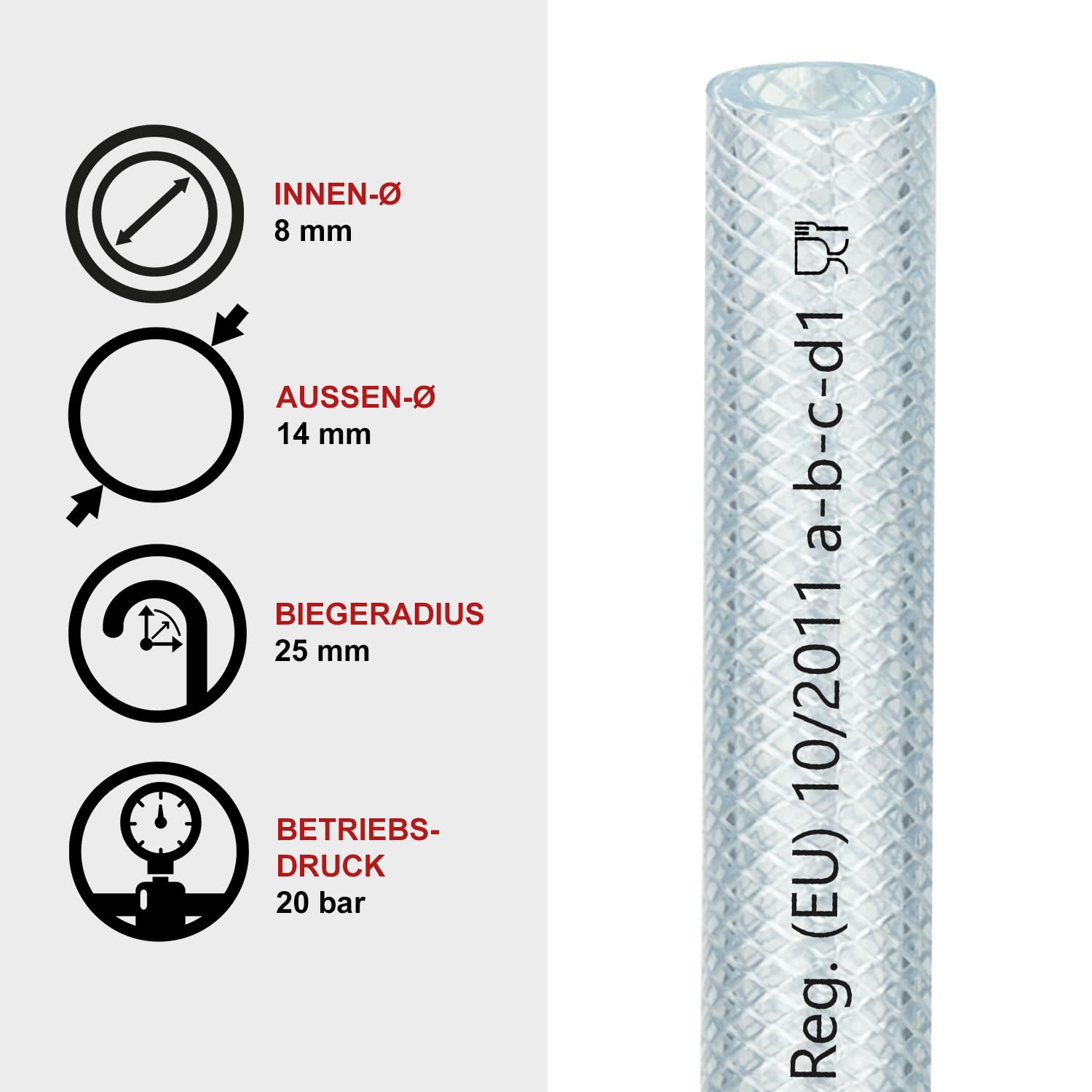 FLEXTUBE TX Ø 8mm x 3mm, 50m de long, Qualité alimentaire, tuyau en PVC pour air comprimé, résistant à l'air, à l'eau, aux huiles conditionnelles et aux produits chimiques