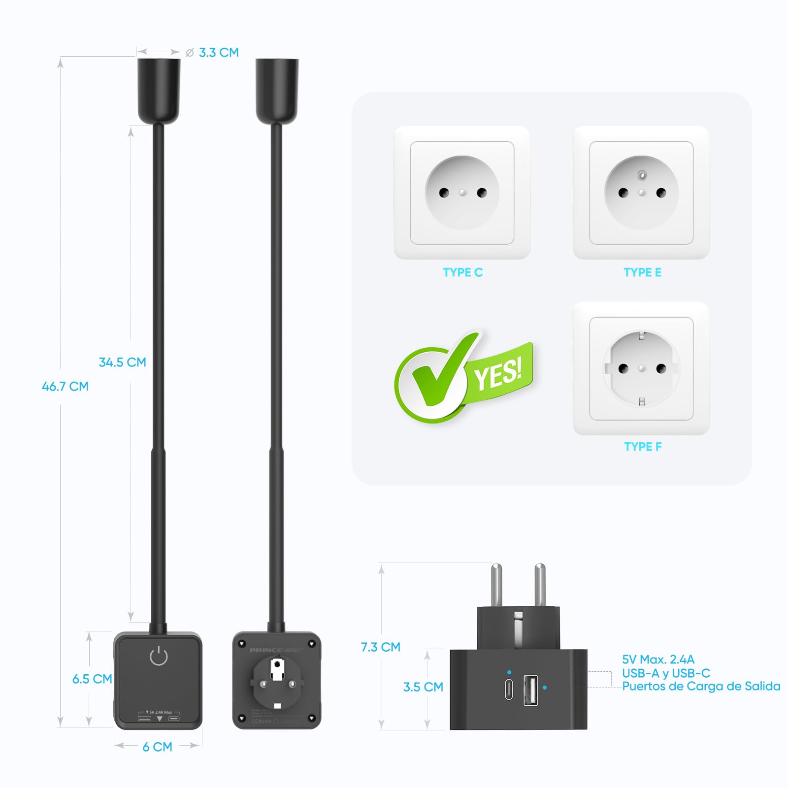 Lamparas Aplique Lectura de Pared Foco LED Regulable con Enchufe e Interruptor Tactil, Puertos de Salida USB, 2 Pack Lamparas Negra para Dormitorio Sala Cocina, 3 Temperatura de Color