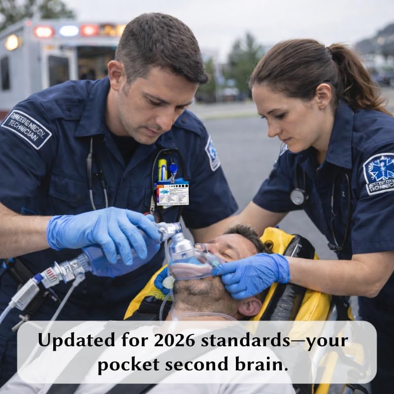 EMT Badge Cards & Pocket Guide with Retractable Reel - 8 Side Horizontal Set. Paramedic Flashcards for Assessment, Vitals, ECG & Pediatrics. PVC EMS Badge Buddy for First Responders