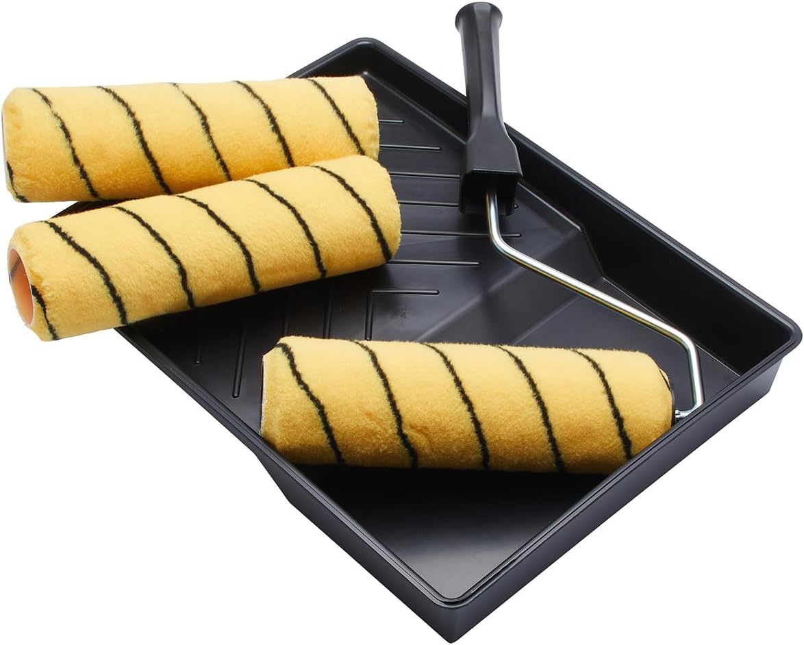 9 inch x 1.75" 5 Piece Triple Medium Pile Woven Paint Roller, Cage Frame and Tray Set for Painting with Emulsion and Masonry Paints on Interior and Exterior Walls and Ceilings, 9"