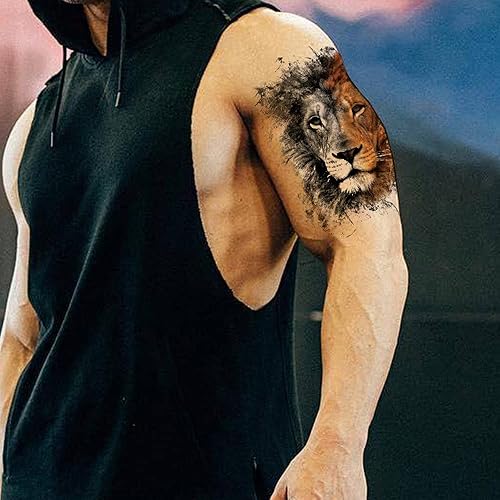 Miniatura 2 de 30 hojas de tatuajes temporales de león grande para hombres y mujeres, calcomanías temporales realistas de león para adultos, lobos falsos 3D,